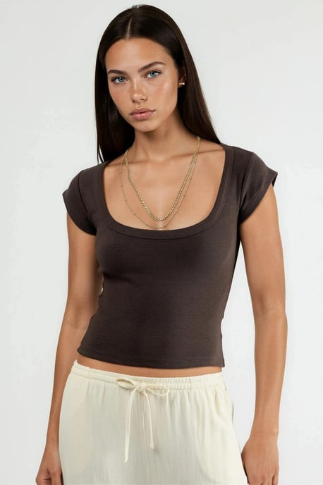 Schlanke Passform Rippstrick U-Hals Bluse - Image 4