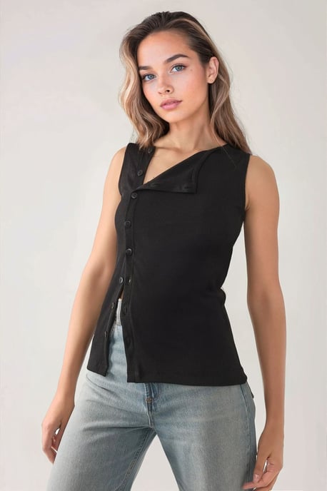 Strukturiertes Slim Fit Rundhalsoberteil mit Knopfdetail - Image 3
