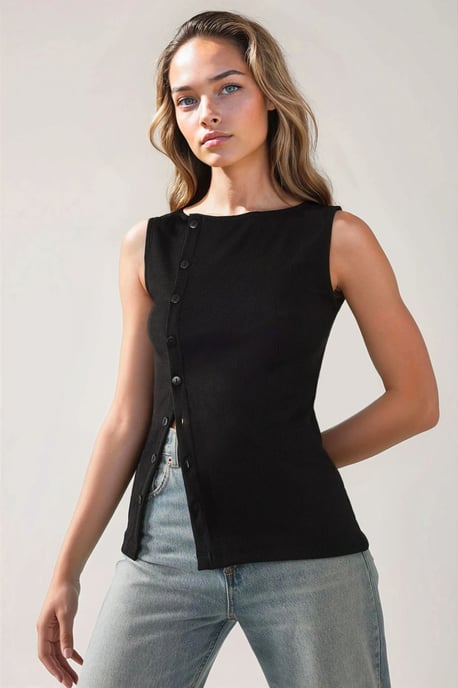 Strukturiertes Slim Fit Rundhalsoberteil mit Knopfdetail - Image 5