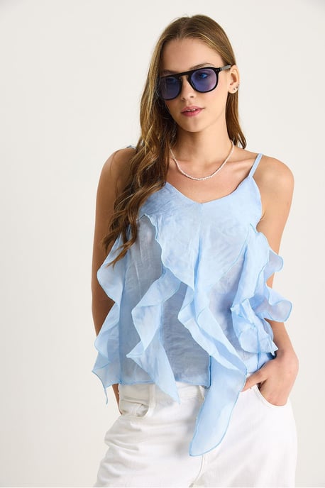 V-Ausschnitt Baumwollbluse mit Rüschendetails - Image 3