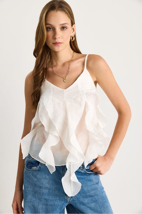 V-Ausschnitt Baumwollbluse mit Rüschendetails - Image 4