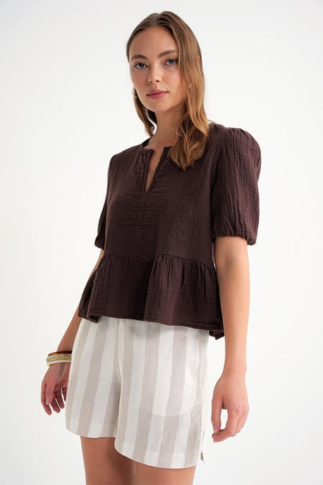 Textured Muslin Rundhalsbluse mit Knopfverschluss - Image 3