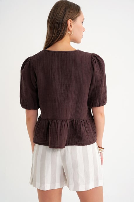 Textured Muslin Rundhalsbluse mit Knopfverschluss - Image 5