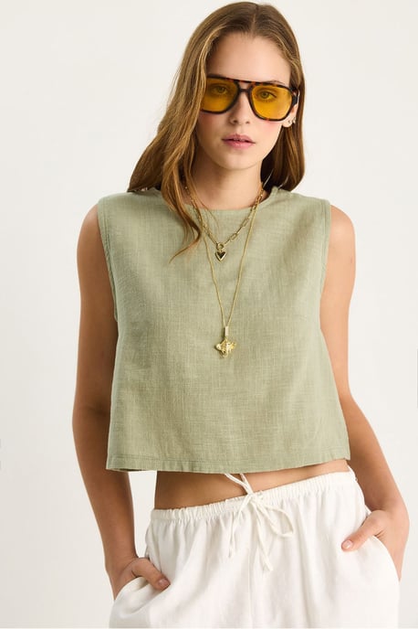 Leinenmischung Kurzarm-Crewneck-Bluse - Image 1