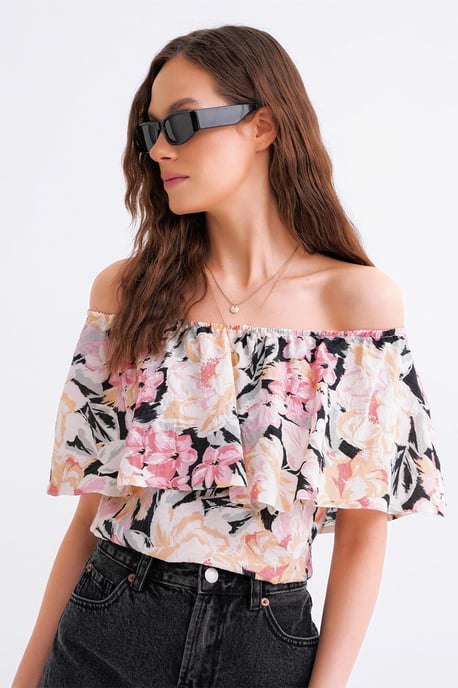 Bluse mit floralem Druck und schulterfreiem Schnitt - Image 3