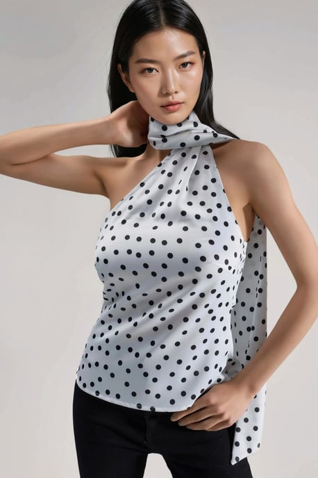 Asymmetrische Kragen-Punkte-Satinbluse - Image 1