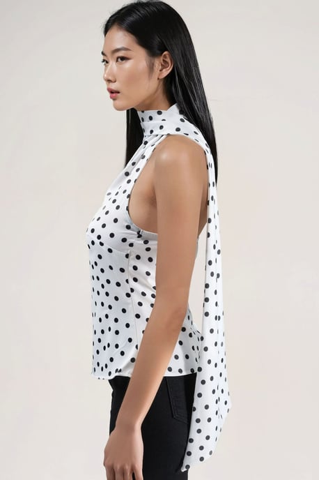 Asymmetrische Kragen-Punkte-Satinbluse - Image 4