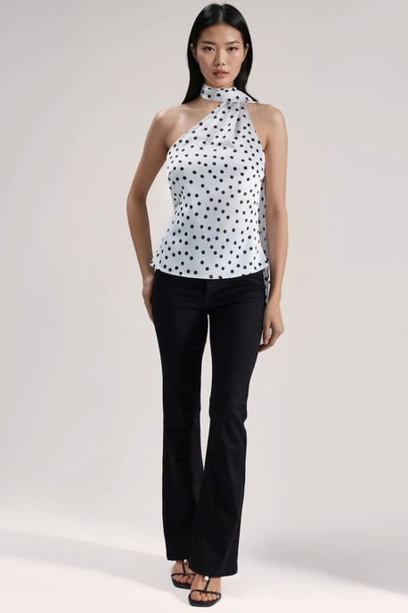 Asymmetrische Kragen-Punkte-Satinbluse - Image 5