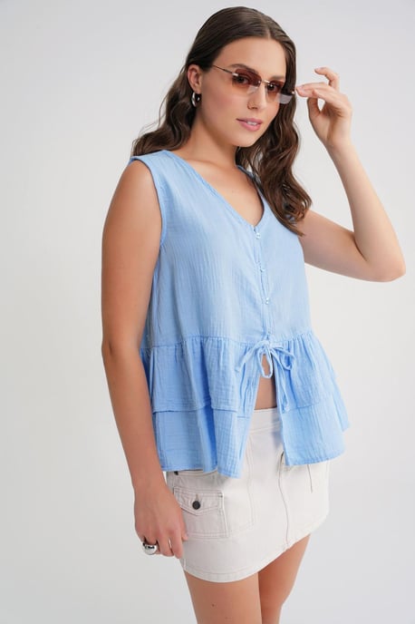 V-Ausschnitt Knopf-Bluse aus Baumwolle - Image 3