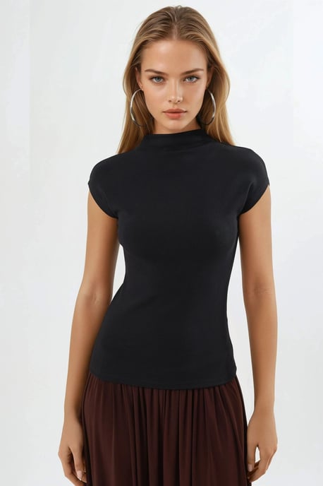 Figurbetonte Bluse mit Stehkragen und kurzen Ärmeln aus Strick - Image 6