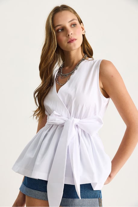 Lange ärmellose V-Ausschnitt-Bluse mit Bindegürtel - Image 3