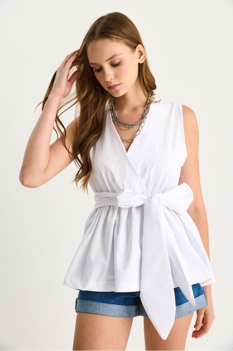 Lange ärmellose V-Ausschnitt-Bluse mit Bindegürtel - Image 4