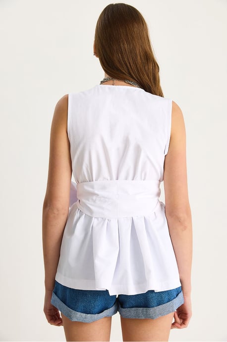 Lange ärmellose V-Ausschnitt-Bluse mit Bindegürtel - Image 6