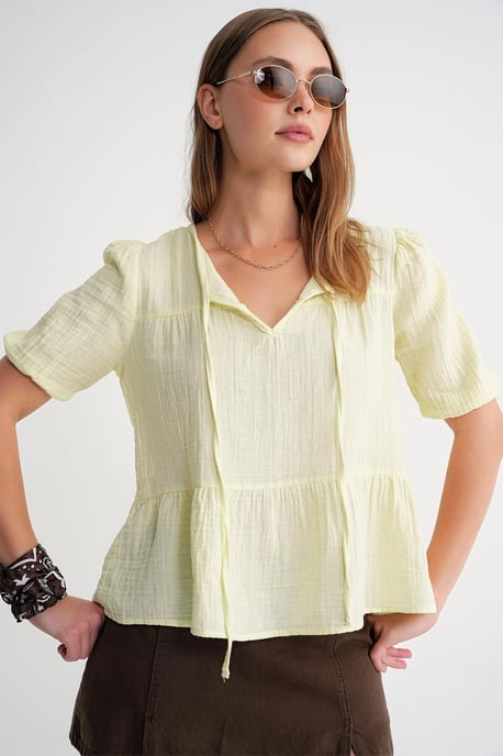 Strukturierte Musselin Rundhalsbluse mit Bindungsdetails - Image 3