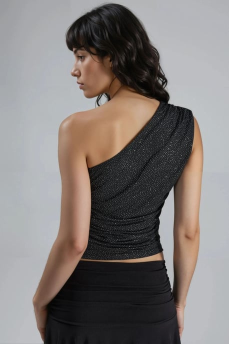 Figurbetonte, glänzende ärmellose Bluse mit asymmetrischem Kragen - Image 3