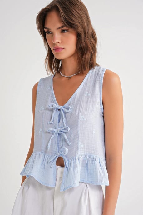Strukturiertes V-Ausschnitt-Crop-Top mit Schleife - Image 4