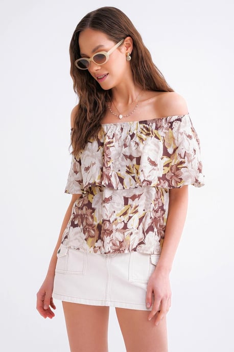 Bluse mit floralem Druck und schulterfreiem Schnitt - Image 1
