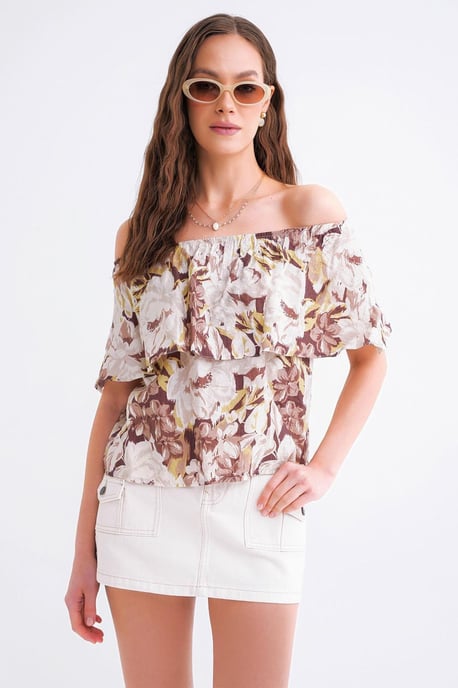 Bluse mit floralem Druck und schulterfreiem Schnitt - Image 3