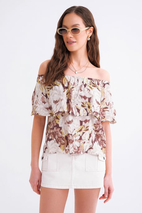 Bluse mit floralem Druck und schulterfreiem Schnitt - Image 4