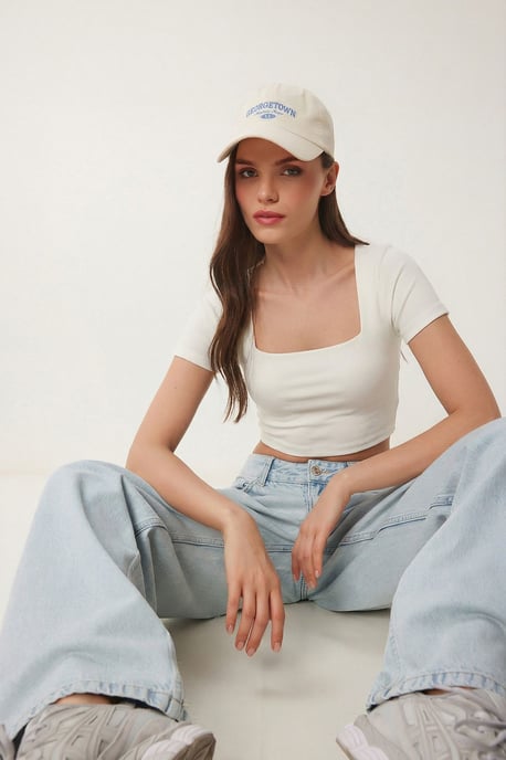 Slim Fit Quadratkragen Strickkurzbluse - Image 1