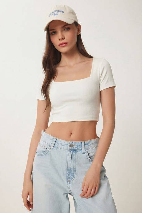 Slim Fit Quadratkragen Strickkurzbluse - Image 2