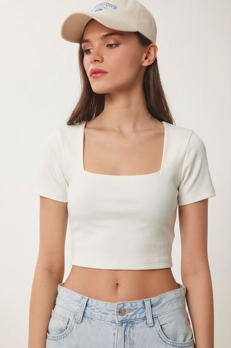 Slim Fit Quadratkragen Strickkurzbluse - Image 3