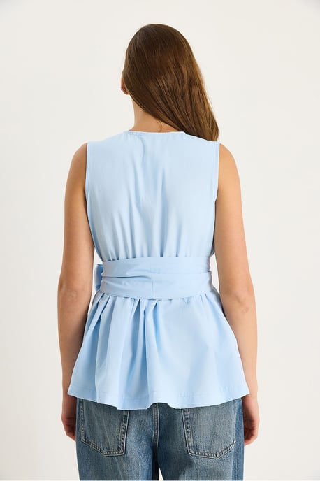 Langärmlige ärmellose V-Ausschnitt-Bluse mit Krawattenverschluss - Image 6