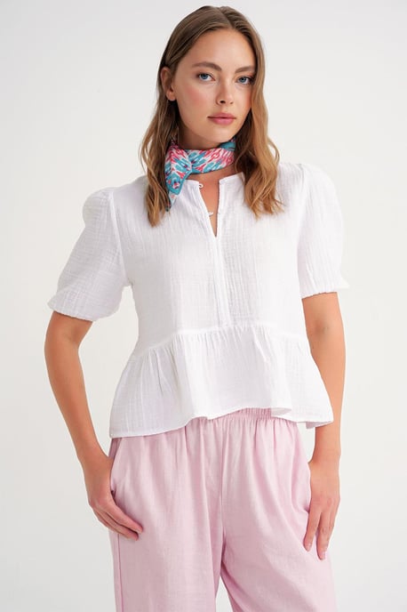Textured Muslin Rundhalsbluse mit Knopfverschluss - Image 3