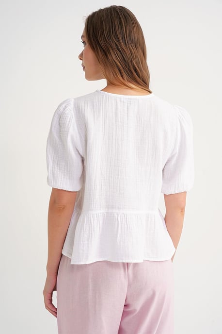 Textured Muslin Rundhalsbluse mit Knopfverschluss - Image 6