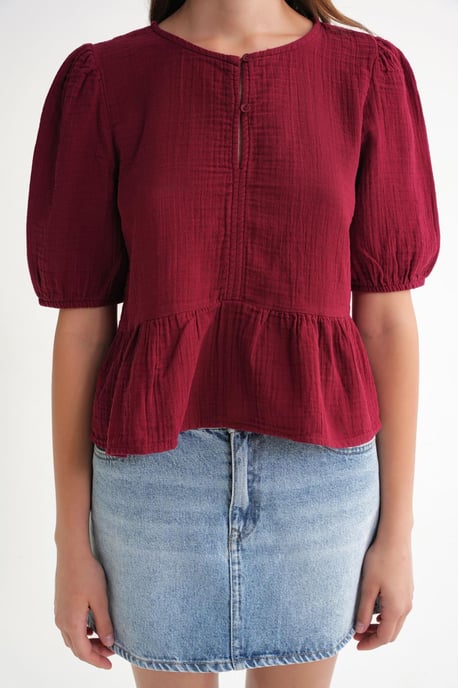 Texturierte Musselin Rundhalsbluse mit Knopfverschluss - Image 3