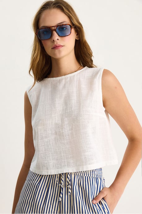 Leinenmischung Kurze Crew-Neck Bluse - Image 1