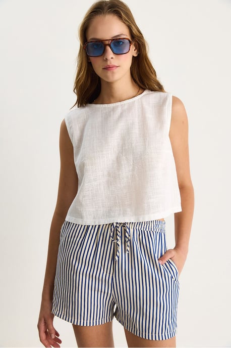Leinenmischung Kurze Crew-Neck Bluse - Image 2
