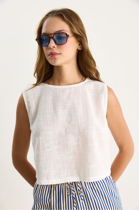 Leinenmischung Kurze Crew-Neck Bluse - Image 3
