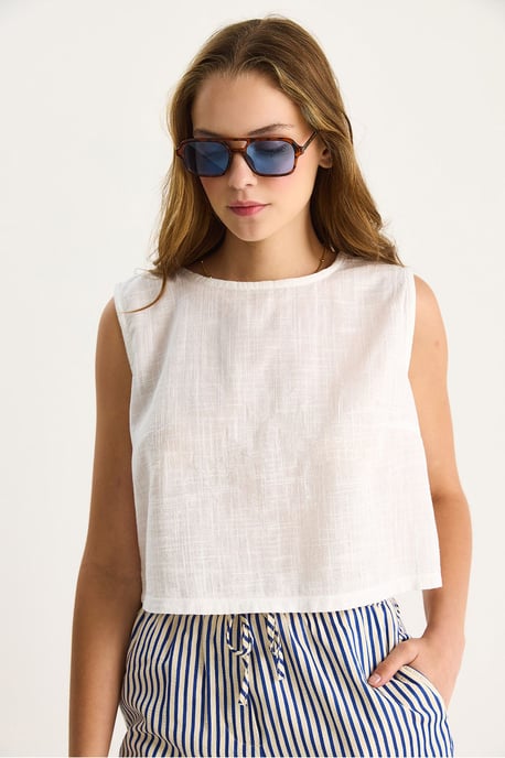 Leinenmischung Kurze Crew-Neck Bluse - Image 4