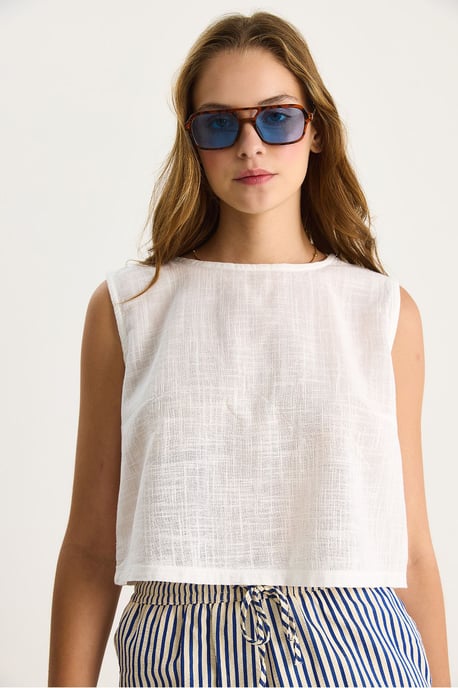 Leinenmischung Kurze Crew-Neck Bluse - Image 5