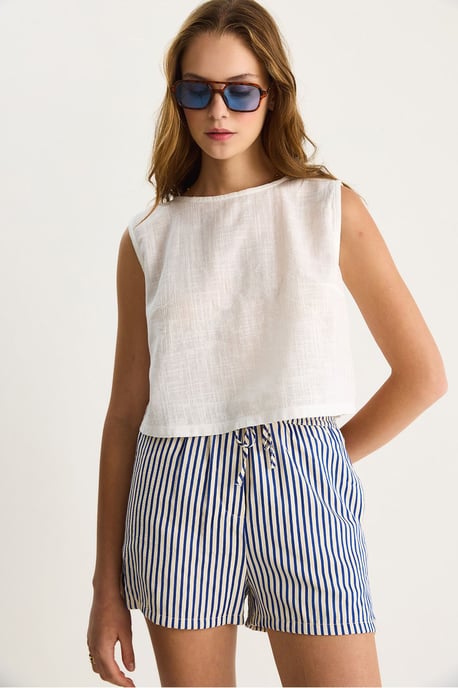 Leinenmischung Kurze Crew-Neck Bluse - Image 6