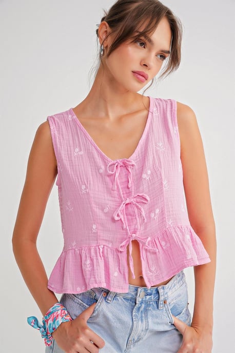 Strukturierte V-Ausschnitt Crop-Bluse mit Schleife - Image 1