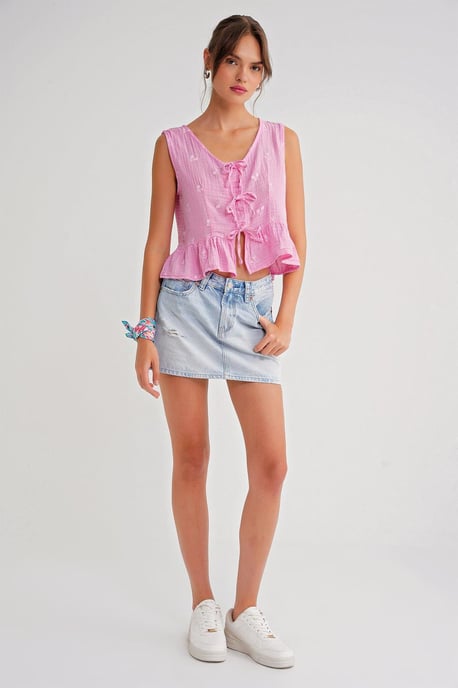 Strukturierte V-Ausschnitt Crop-Bluse mit Schleife - Image 2