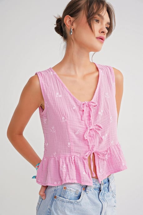 Strukturierte V-Ausschnitt Crop-Bluse mit Schleife - Image 3