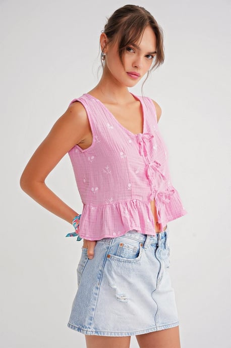 Strukturierte V-Ausschnitt Crop-Bluse mit Schleife - Image 4