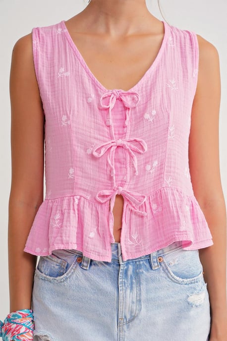 Strukturierte V-Ausschnitt Crop-Bluse mit Schleife - Image 6