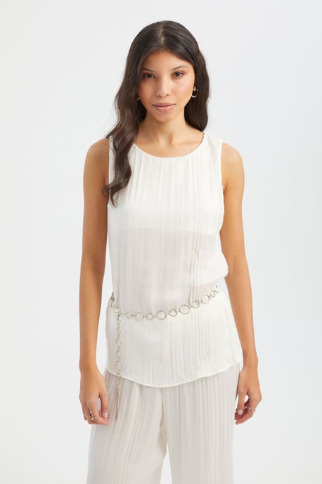 Runde Ausschnitt Plissee-Bluse mit Gürtel-Detail - Image 2