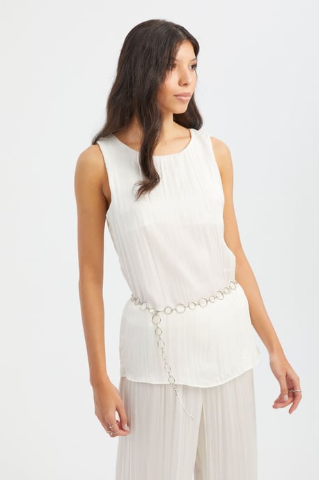 Runde Ausschnitt Plissee-Bluse mit Gürtel-Detail - Image 3