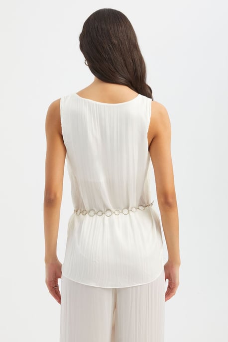 Runde Ausschnitt Plissee-Bluse mit Gürtel-Detail - Image 5