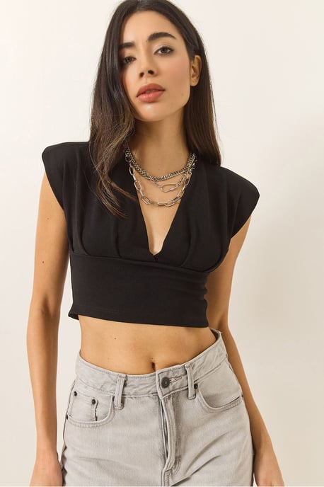 Schmale Passform V-Ausschnitt Gestrickte Cropped Bluse - Image 1