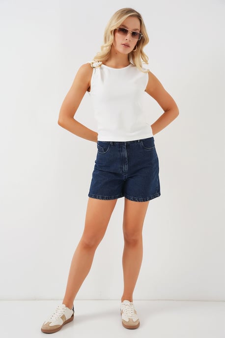 Rippstrick-Crew-Neck ärmellose Bluse mit Zubehördetails - Image 2