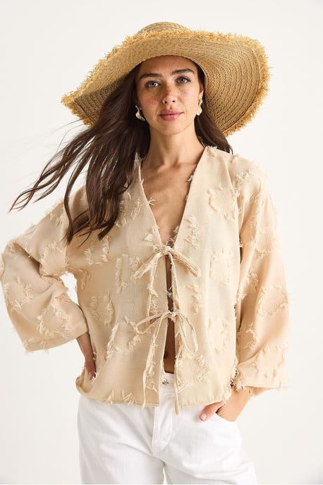 Bestickter V-Ausschnitt Textur-Kimono mit Rüschen - Image 2