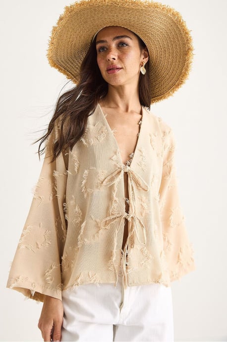 Bestickter V-Ausschnitt Textur-Kimono mit Rüschen - Image 3