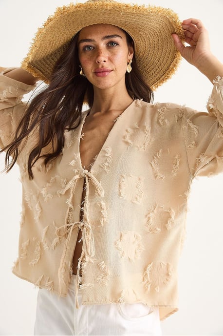 Bestickter V-Ausschnitt Textur-Kimono mit Rüschen - Image 4