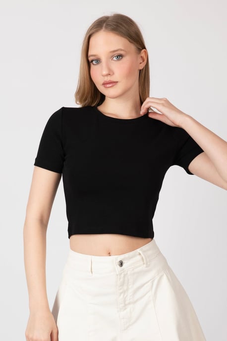 Hiccup Crew-Neck Basics Cropped Top - Schwarz - Image 2